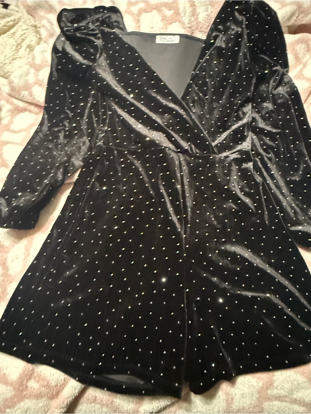 Black Velvet Rhinestone Wrap Romper by Unknown Brand